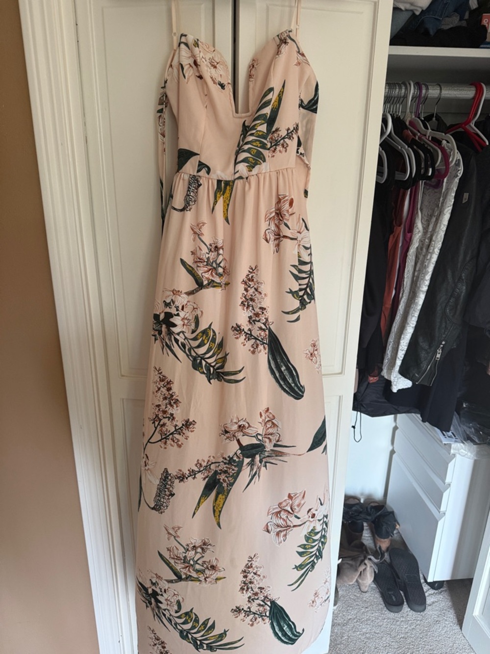 Floral Spaghetti-Strap Maxi  Dress in Blush Pink